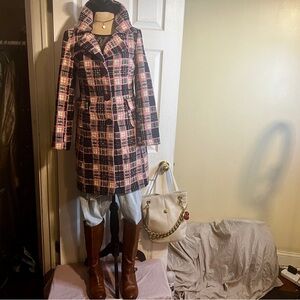 Wms Y2K Plaid Tweed Boucle Knit Preppy Chic Classic Midi Coat M
